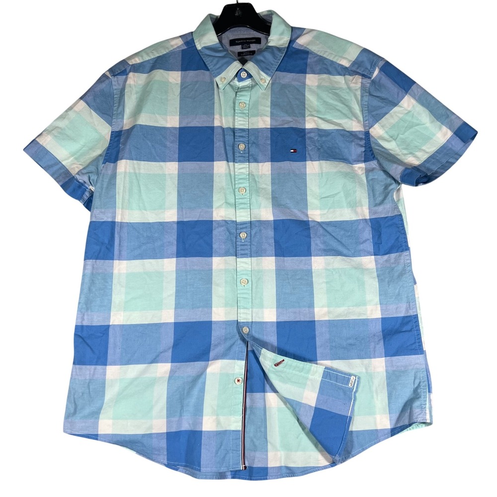 Tommy Hilfiger Mens XXL Blue Teal Plaid Slim Fit Short Sleeve Button Down Shirt